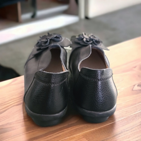 EURO HAND STITCHED Black Leather Flats 9.5 10 Floral Bubble Loafers Lagenlook - Picture 6 of 16